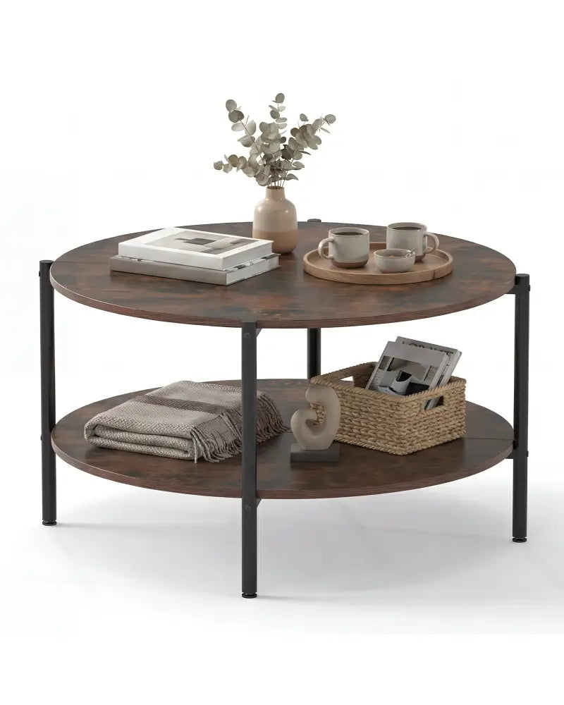 Round Coffee Table 2-Tier Industrial Accent Table with Open Storage Shelf-Rustic Brown - Rustic Brown - Coffee Tables