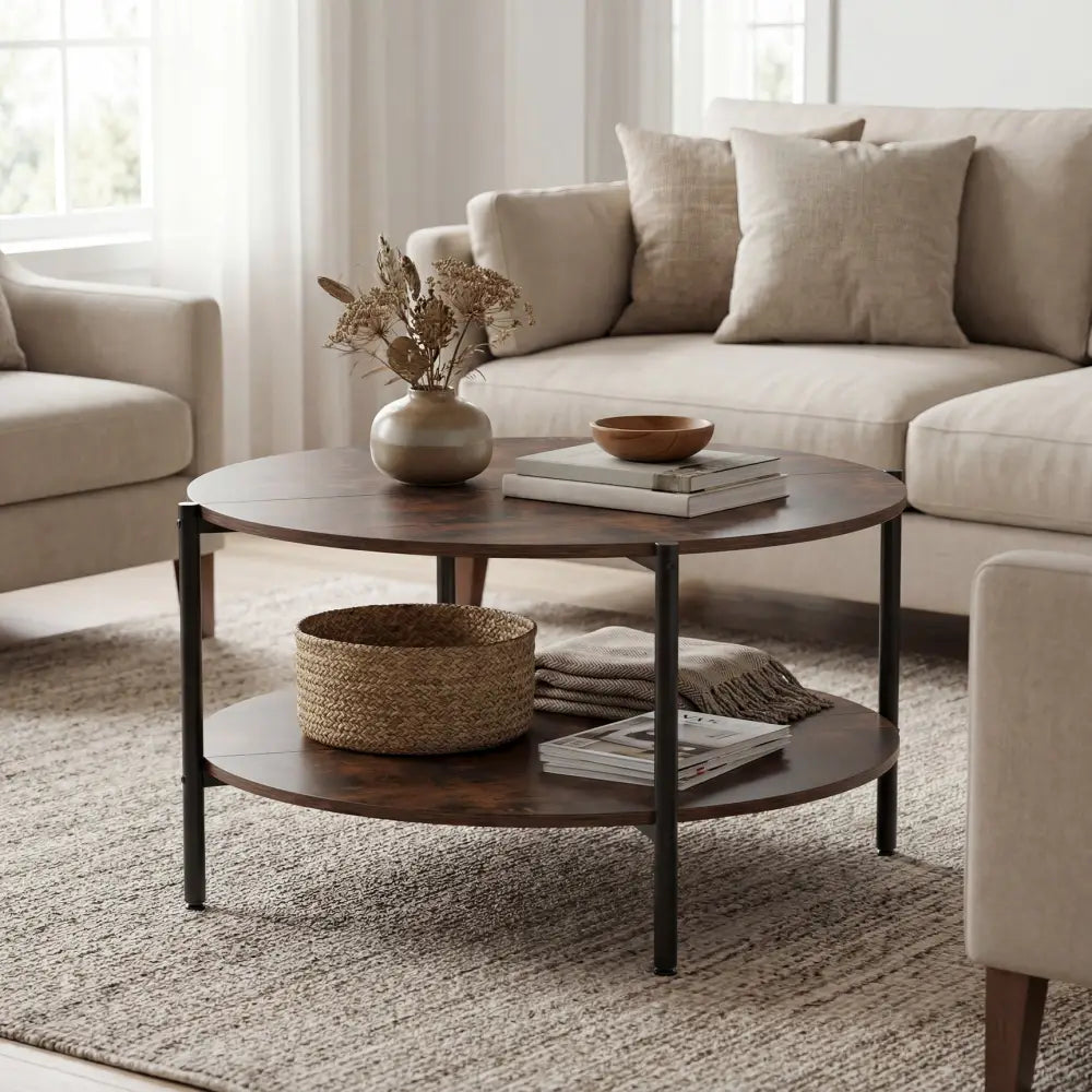 Round Coffee Table 2-Tier Industrial Accent Table with Open Storage Shelf-Rustic Brown - Rustic Brown - Coffee Tables