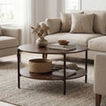 Round Coffee Table 2-Tier Industrial Accent Table with Open Storage Shelf-Rustic Brown - Rustic Brown - Coffee Tables