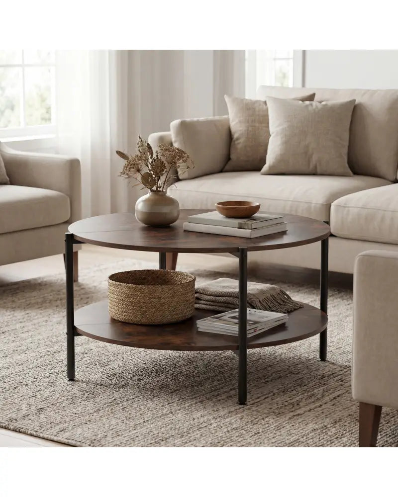 Round Coffee Table 2-Tier Industrial Accent Table with Open Storage Shelf-Rustic Brown - Rustic Brown - Coffee Tables