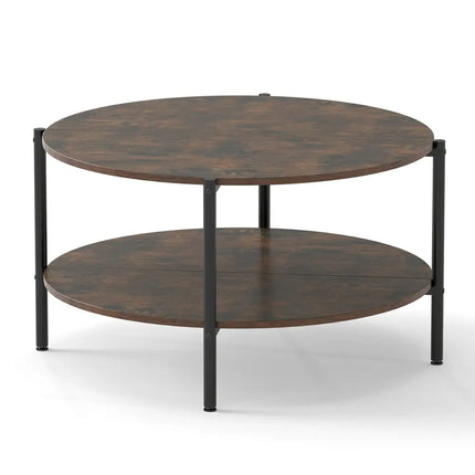 Round Coffee Table 2-Tier Industrial Accent Table with Open Storage Shelf-Rustic Brown - Rustic Brown - Coffee Tables