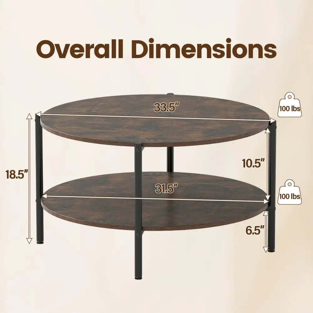 Round Coffee Table 2-Tier Industrial Accent Table with Open Storage Shelf-Rustic Brown - Rustic Brown - Coffee Tables