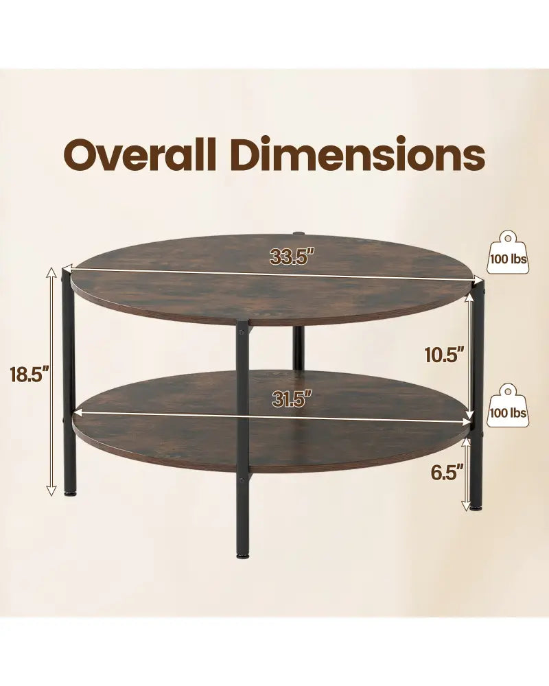 Round Coffee Table 2-Tier Industrial Accent Table with Open Storage Shelf-Rustic Brown - Rustic Brown - Coffee Tables