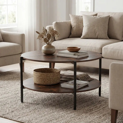 Round Coffee Table 2-Tier Industrial Accent Table with Open Storage Shelf-Rustic Brown - Rustic Brown - Coffee Tables