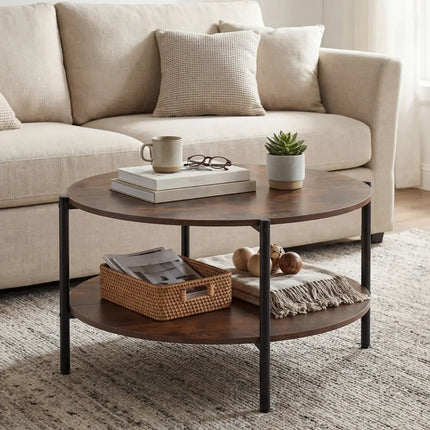 Round Coffee Table 2-Tier Industrial Accent Table with Open Storage Shelf-Rustic Brown - Rustic Brown - Coffee Tables