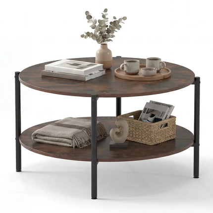 Round Coffee Table 2-Tier Industrial Accent Table with Open Storage Shelf-Rustic Brown - Rustic Brown - Coffee Tables