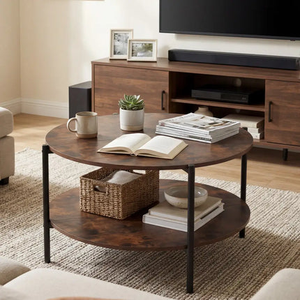 Round Coffee Table 2-Tier Industrial Accent Table with Open Storage Shelf-Rustic Brown - Rustic Brown - Coffee Tables