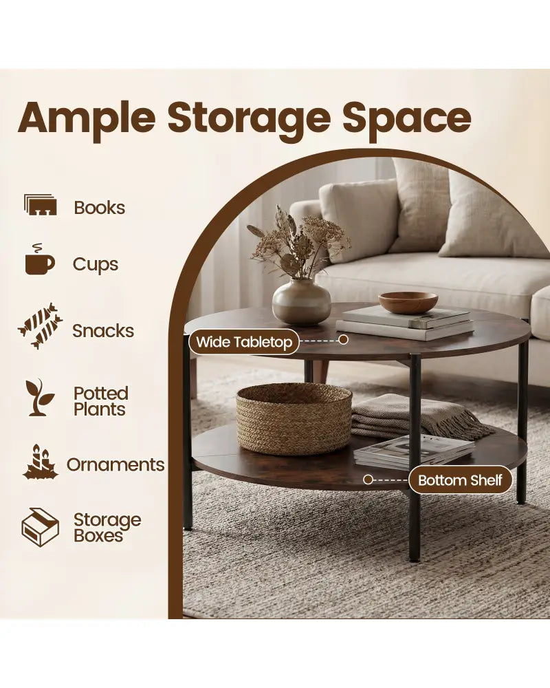 Round Coffee Table 2-Tier Industrial Accent Table with Open Storage Shelf-Rustic Brown - Rustic Brown - Coffee Tables