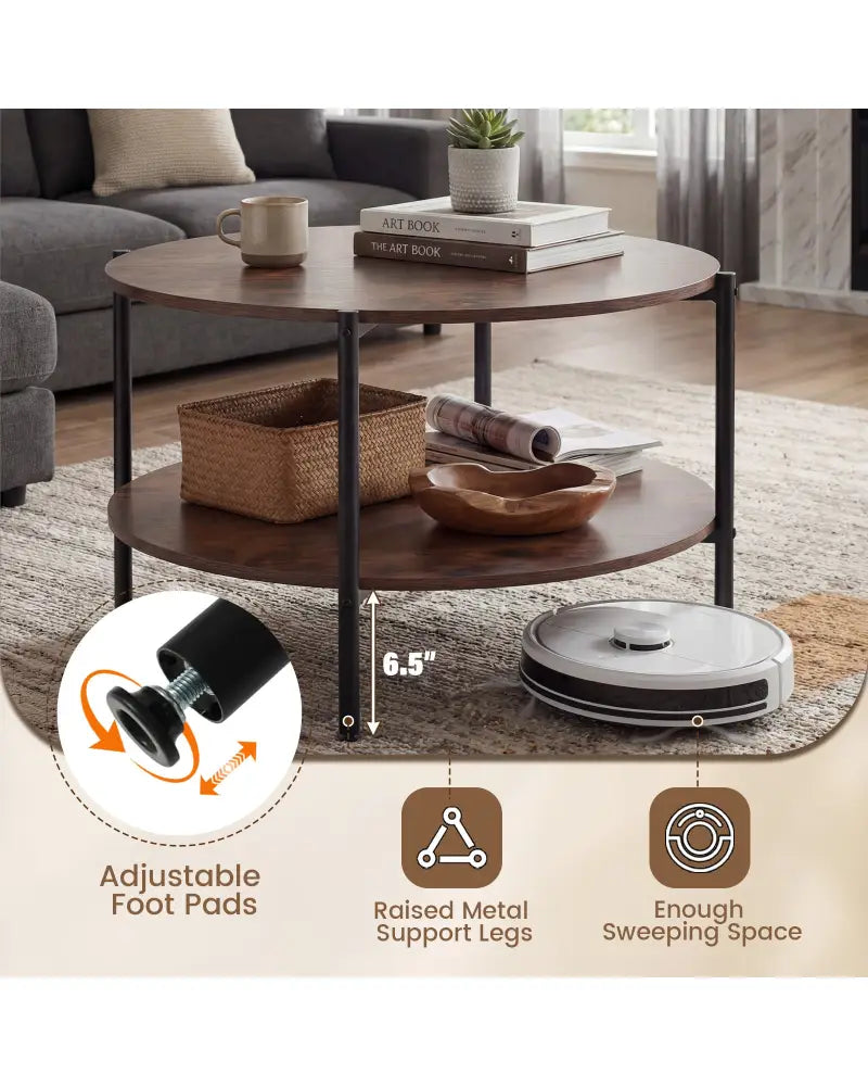 Round Coffee Table 2-Tier Industrial Accent Table with Open Storage Shelf-Rustic Brown - Rustic Brown - Coffee Tables