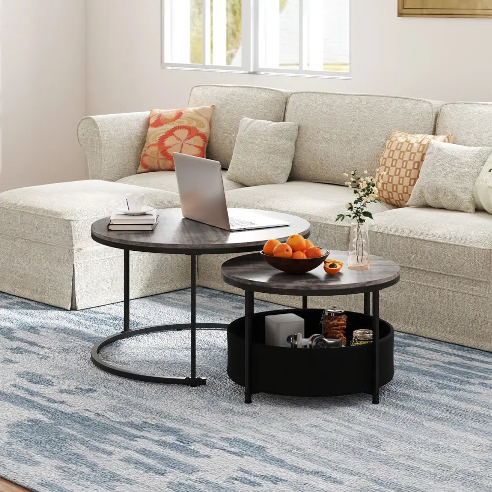 Round Coffee Table Set of 2 31.5’’ and 24’’ Circle Cocktail Table with Fabric Storage Basket-Gray - Gray - Coffee Tables
