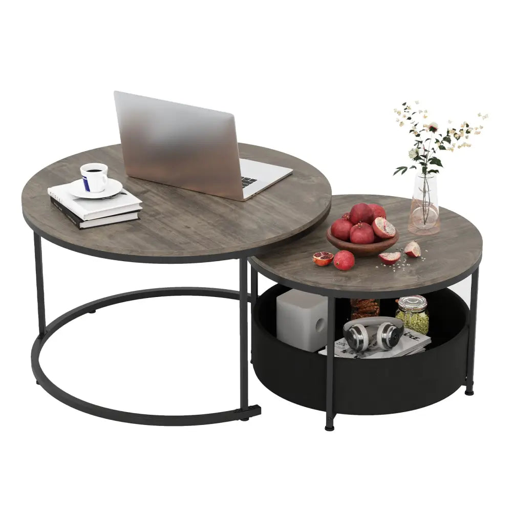 Round Coffee Table Set of 2 31.5’’ and 24’’ Circle Cocktail Table with Fabric Storage Basket-Gray - Gray - Coffee Tables