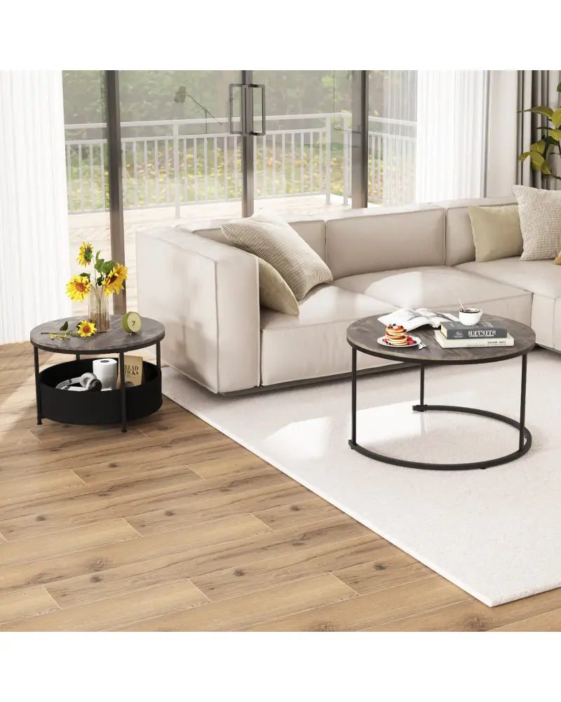 Round Coffee Table Set of 2 31.5’’ and 24’’ Circle Cocktail Table with Fabric Storage Basket-Gray - Gray - Coffee Tables
