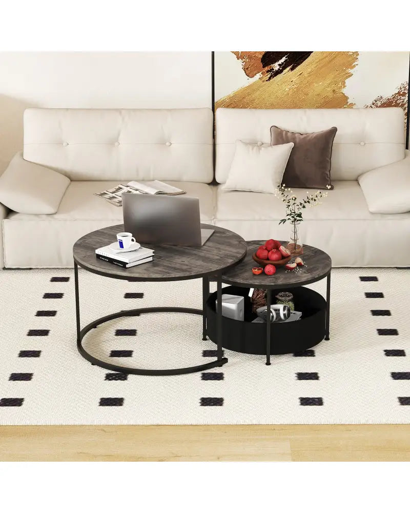 Round Coffee Table Set of 2 31.5’’ and 24’’ Circle Cocktail Table with Fabric Storage Basket-Gray - Gray - Coffee Tables