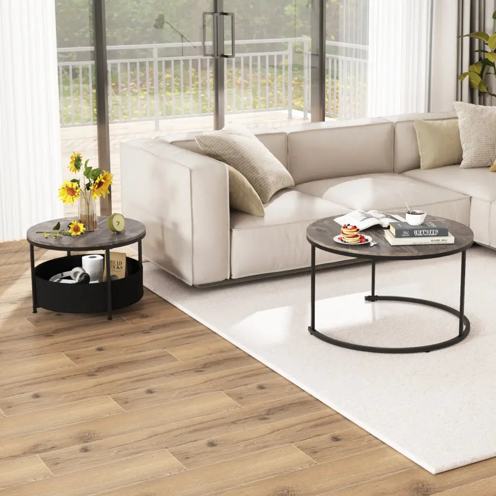 Round Coffee Table Set of 2 31.5’’ and 24’’ Circle Cocktail Table with Fabric Storage Basket-Gray - Gray - Coffee Tables