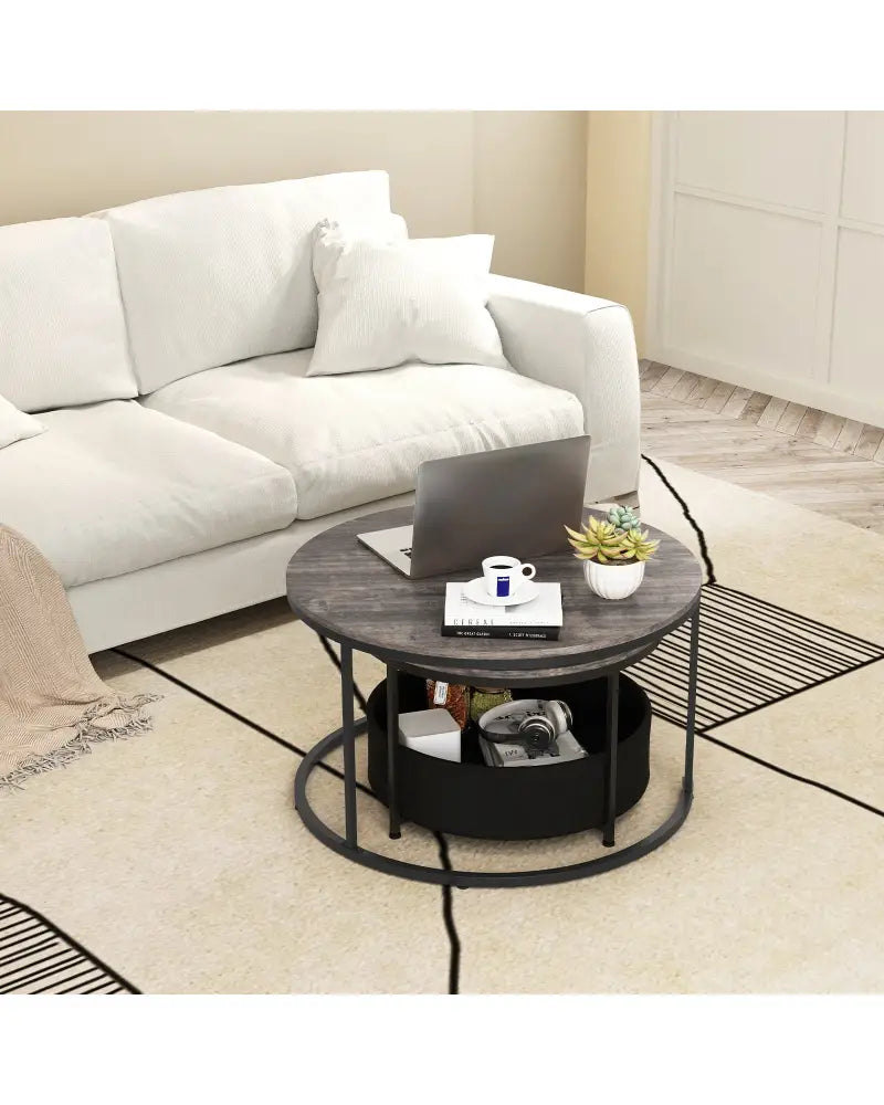 Round Coffee Table Set of 2 31.5’’ and 24’’ Circle Cocktail Table with Fabric Storage Basket-Gray - Gray - Coffee Tables