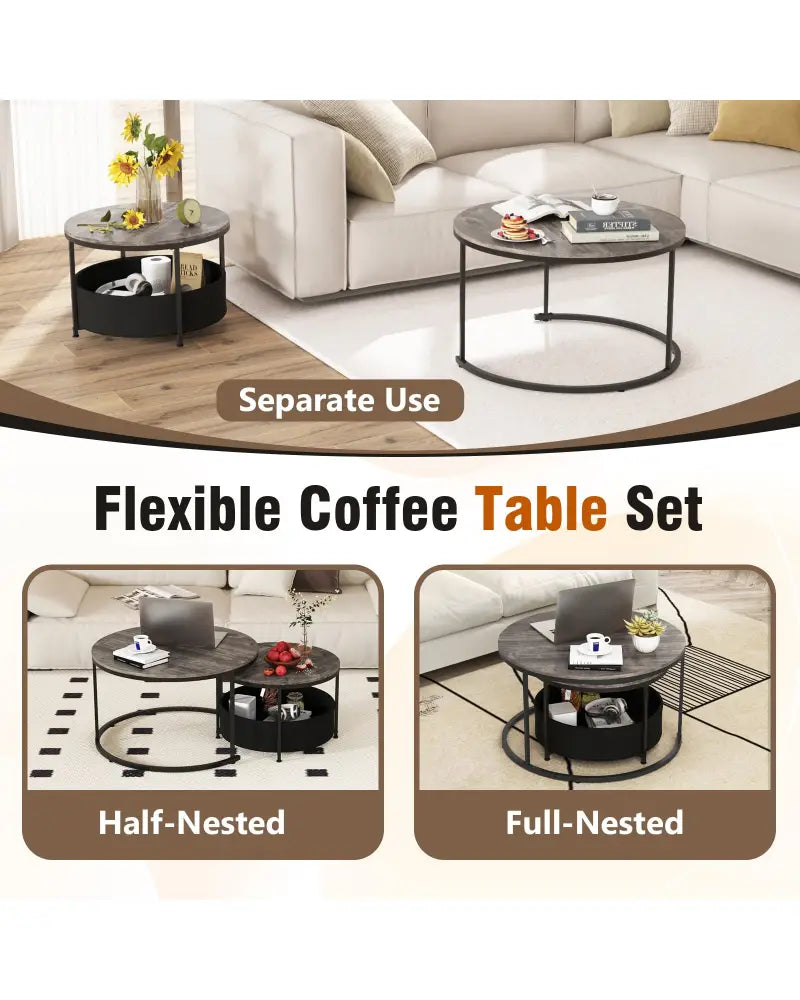 Round Coffee Table Set of 2 31.5’’ and 24’’ Circle Cocktail Table with Fabric Storage Basket-Gray - Gray - Coffee Tables