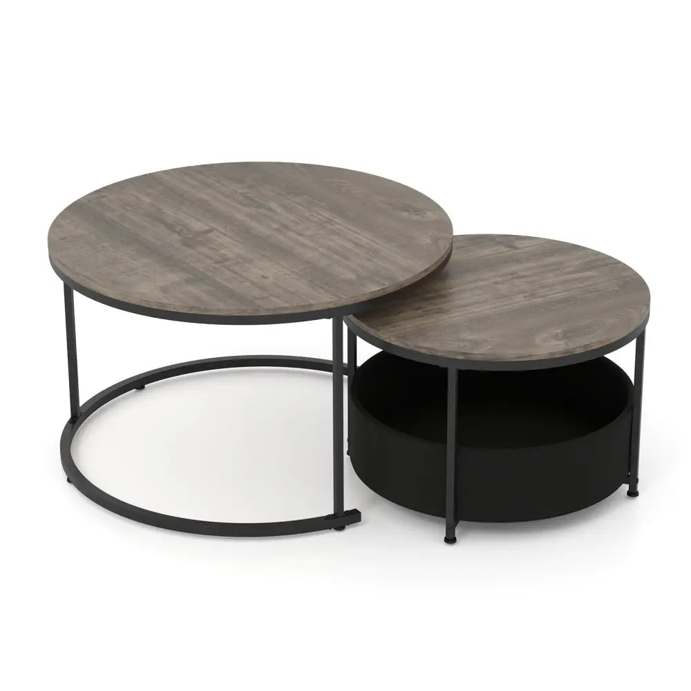 Round Coffee Table Set of 2 31.5’’ and 24’’ Circle Cocktail Table with Fabric Storage Basket-Gray - Gray - Coffee Tables