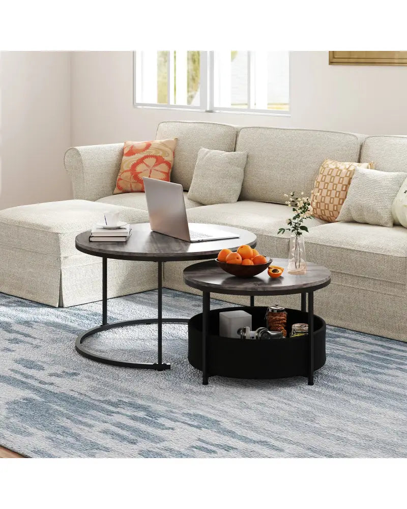 Round Coffee Table Set of 2 31.5’’ and 24’’ Circle Cocktail Table with Fabric Storage Basket-Gray - Gray - Coffee Tables