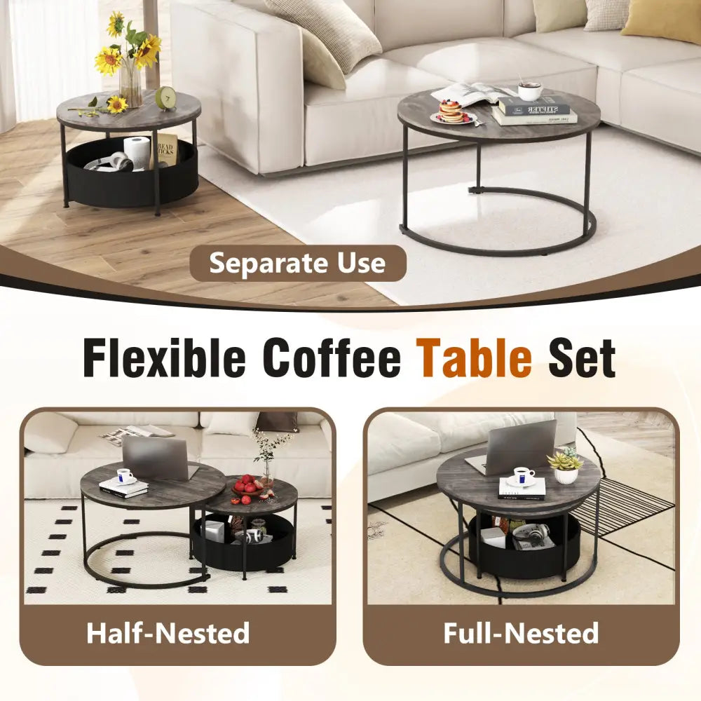 Round Coffee Table Set of 2 31.5’’ and 24’’ Circle Cocktail Table with Fabric Storage Basket-Gray - Gray - Coffee Tables