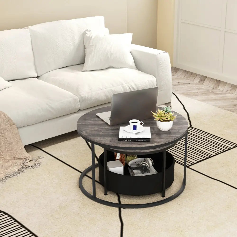 Round Coffee Table Set of 2 31.5’’ and 24’’ Circle Cocktail Table with Fabric Storage Basket-Gray - Gray - Coffee Tables