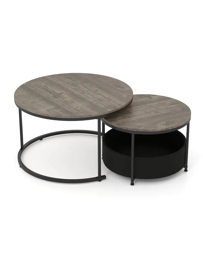 Round Coffee Table Set of 2 31.5’’ and 24’’ Circle Cocktail Table with Fabric Storage Basket-Gray - Gray - Coffee Tables
