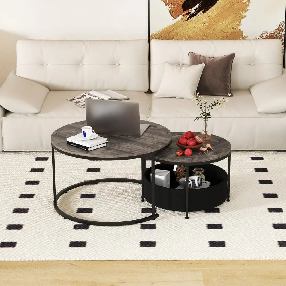 Round Coffee Table Set of 2 31.5’’ and 24’’ Circle Cocktail Table with Fabric Storage Basket-Gray - Gray - Coffee Tables