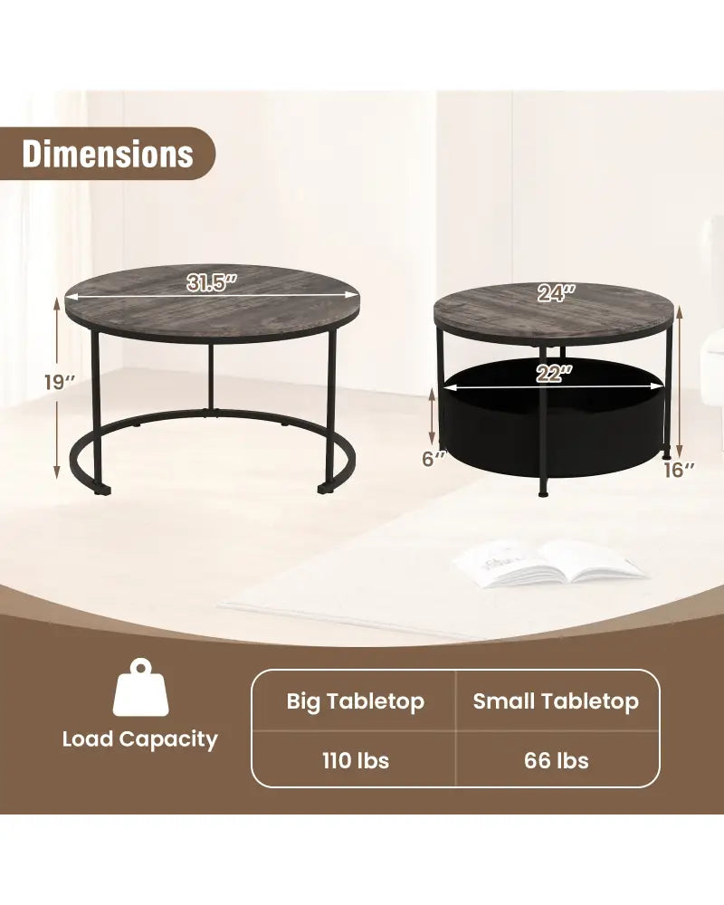 Round Coffee Table Set of 2 31.5’’ and 24’’ Circle Cocktail Table with Fabric Storage Basket-Gray - Gray - Coffee Tables