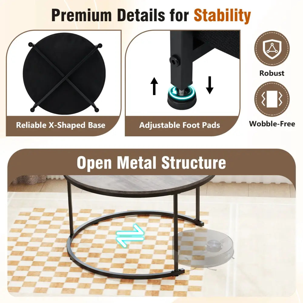 Round Coffee Table Set of 2 31.5’’ and 24’’ Circle Cocktail Table with Fabric Storage Basket-Gray - Gray - Coffee Tables
