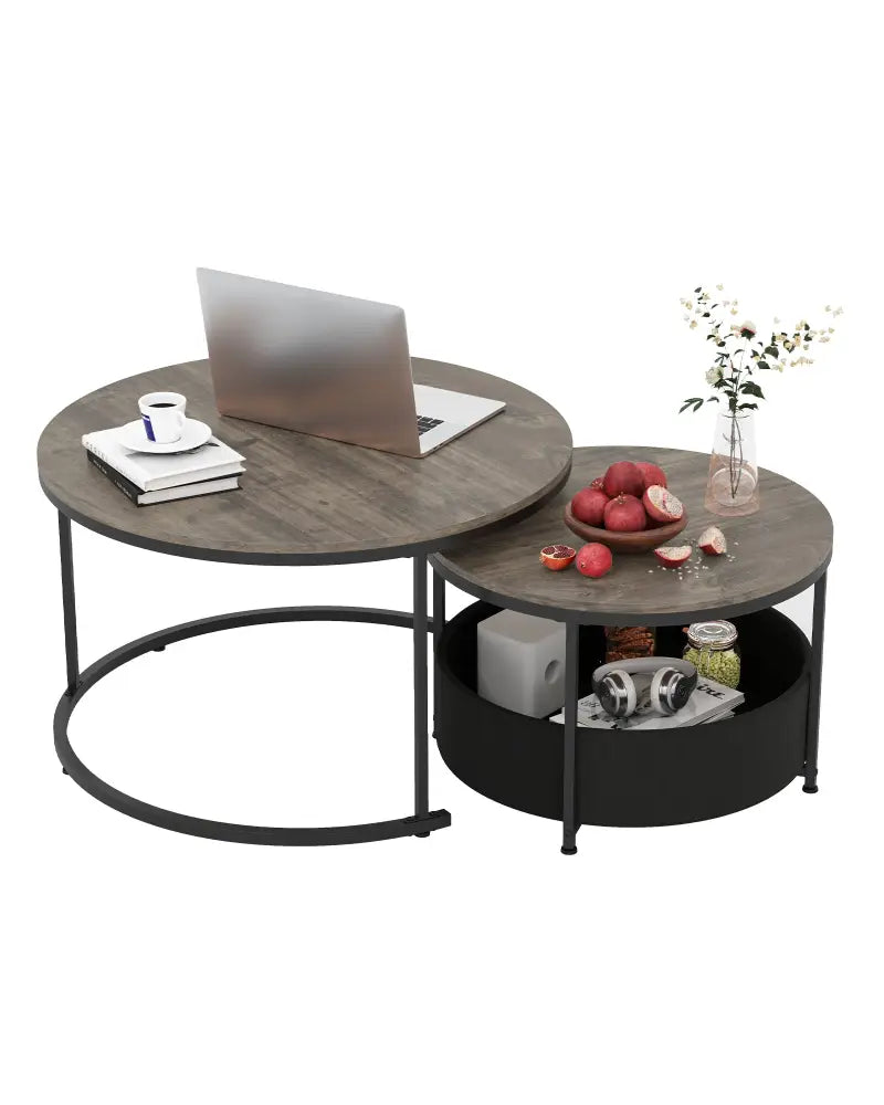 Round Coffee Table Set of 2 31.5’’ and 24’’ Circle Cocktail Table with Fabric Storage Basket-Gray - Gray - Coffee Tables