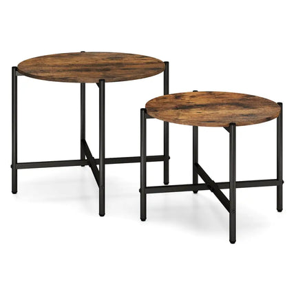 Round Coffee Table Set of 2 with Heavy-Duty Metal Frame-Rustic Brown Costway