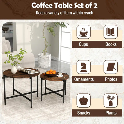Round Coffee Table Set of 2 with Heavy-Duty Metal Frame-Rustic Brown Costway
