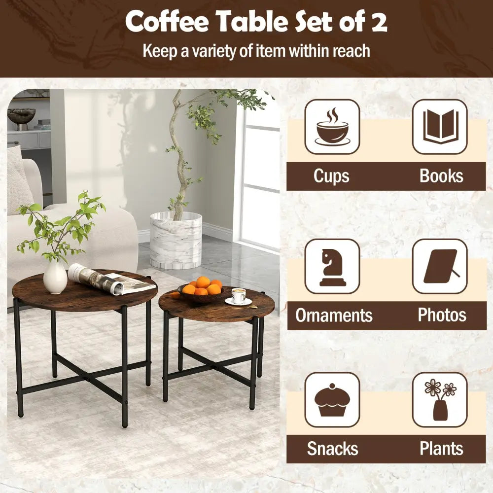 Round Coffee Table Set of 2 with Heavy-Duty Metal Frame-Rustic Brown - Rustic Brown - Coffee Tables