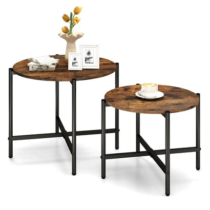 Round Coffee Table Set of 2 with Heavy-Duty Metal Frame-Rustic Brown Costway