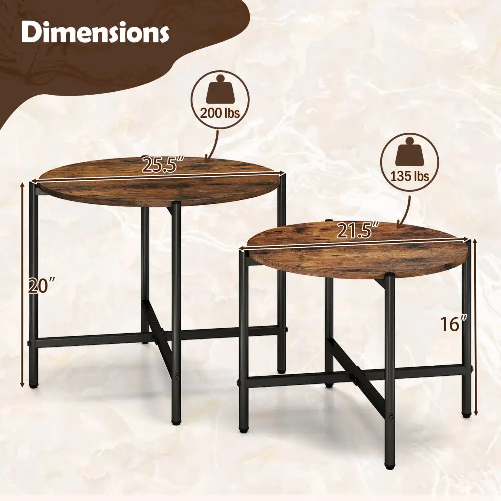 Round Coffee Table Set of 2 with Heavy-Duty Metal Frame-Rustic Brown - Rustic Brown - Coffee Tables
