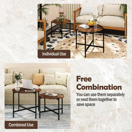 Round Coffee Table Set of 2 with Heavy-Duty Metal Frame-Rustic Brown Costway