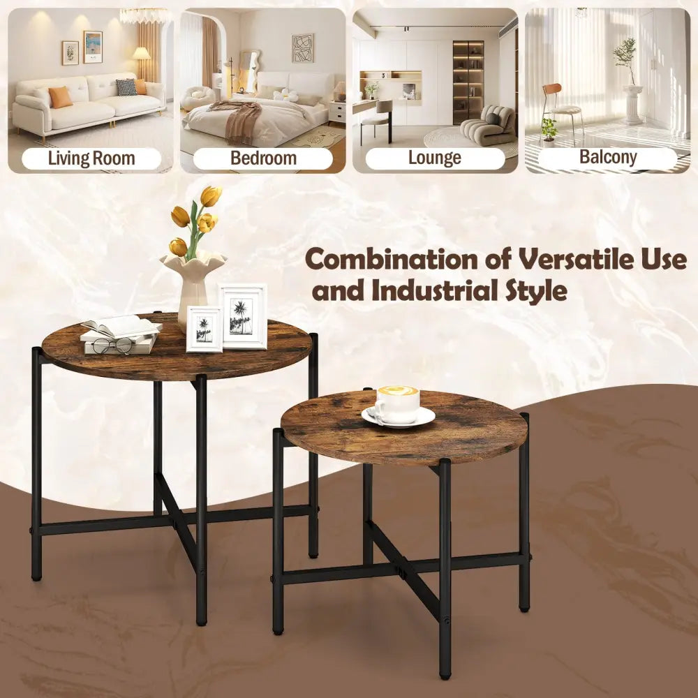 Round Coffee Table Set of 2 with Heavy-Duty Metal Frame-Rustic Brown - Rustic Brown - Coffee Tables