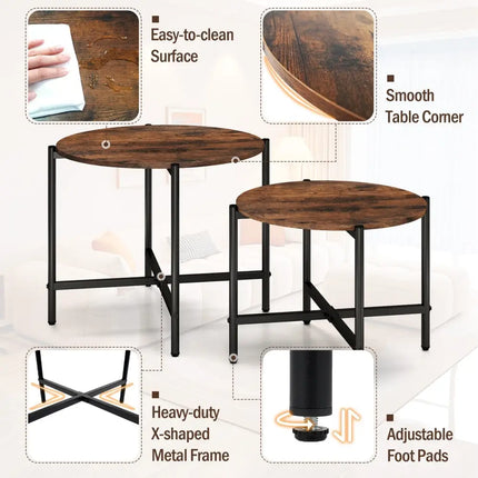 Round Coffee Table Set of 2 with Heavy-Duty Metal Frame-Rustic Brown Costway