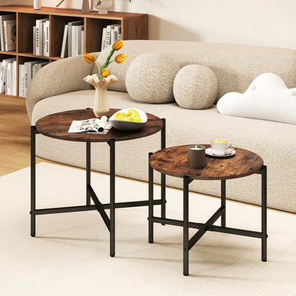 Round Coffee Table Set of 2 with Heavy-Duty Metal Frame-Rustic Brown Costway