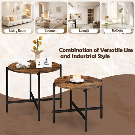Round Coffee Table Set of 2 with Heavy-Duty Metal Frame-Rustic Brown Costway