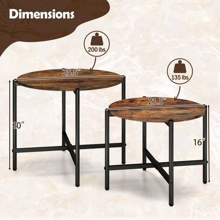 Round Coffee Table Set of 2 with Heavy-Duty Metal Frame-Rustic Brown Costway