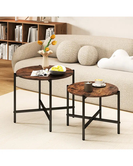 Round Coffee Table Set of 2 with Heavy-Duty Metal Frame-Rustic Brown - Rustic Brown - Coffee Tables