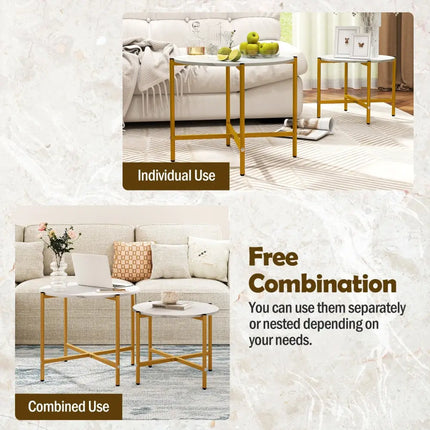 Round Coffee Table Set of 2 with Heavy-Duty Metal Frame-White - White - Coffee Tables