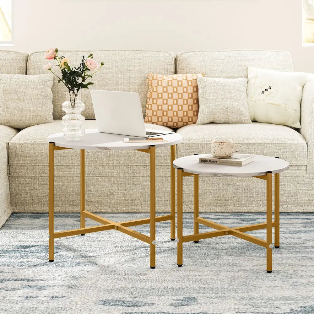 Round Coffee Table Set of 2 with Heavy-Duty Metal Frame-White - White - Coffee Tables