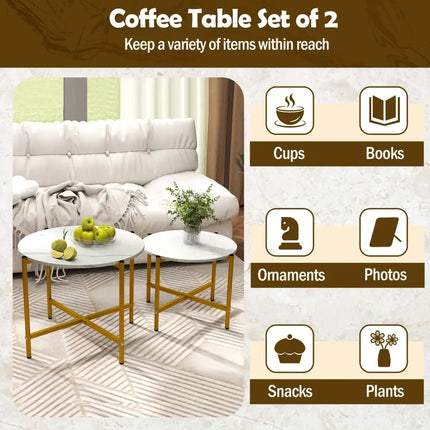 Round Coffee Table Set of 2 with Heavy-Duty Metal Frame-White - White - Coffee Tables