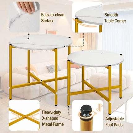 Round Coffee Table Set of 2 with Heavy-Duty Metal Frame-White - White - Coffee Tables