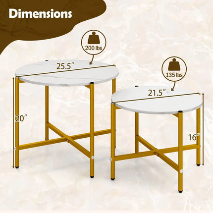 Round Coffee Table Set of 2 with Heavy-Duty Metal Frame-White - White - Coffee Tables