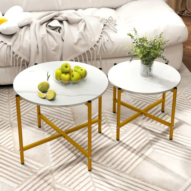 Round Coffee Table Set of 2 with Heavy-Duty Metal Frame-White - White - Coffee Tables