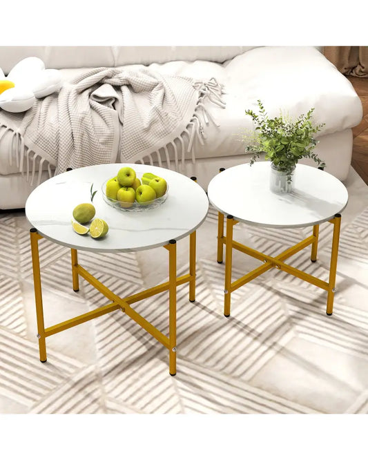 Round Coffee Table Set of 2 with Heavy-Duty Metal Frame-White - White - Coffee Tables