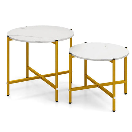 Round Coffee Table Set of 2 with Heavy-Duty Metal Frame-White - White - Coffee Tables
