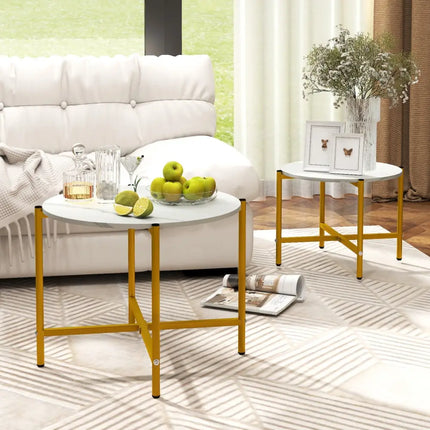 Round Coffee Table Set of 2 with Heavy-Duty Metal Frame-White - White - Coffee Tables